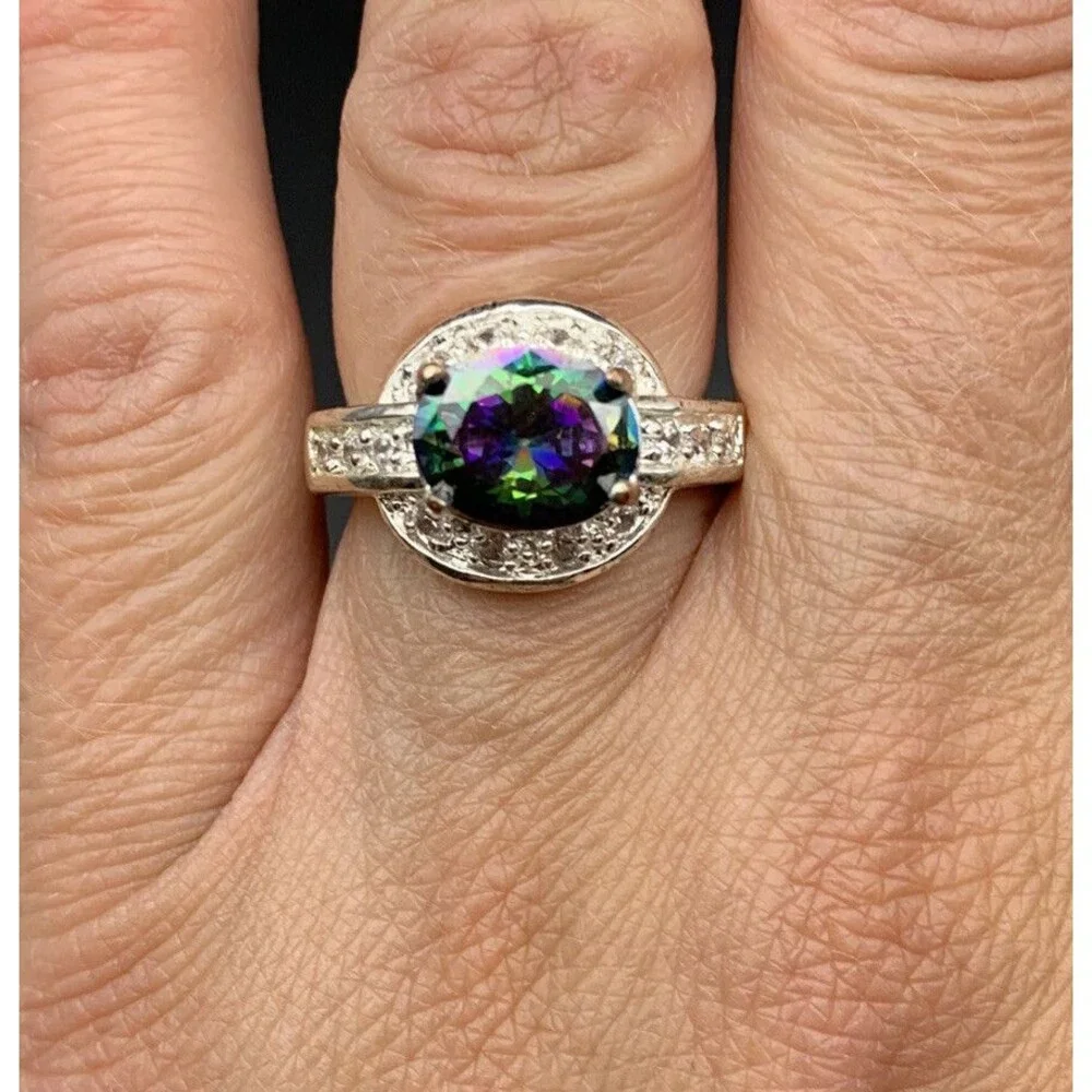 Colorful Rainbow Glass Ring Size 7 Silver Tone Statement Faux Mystic Topaz Glam